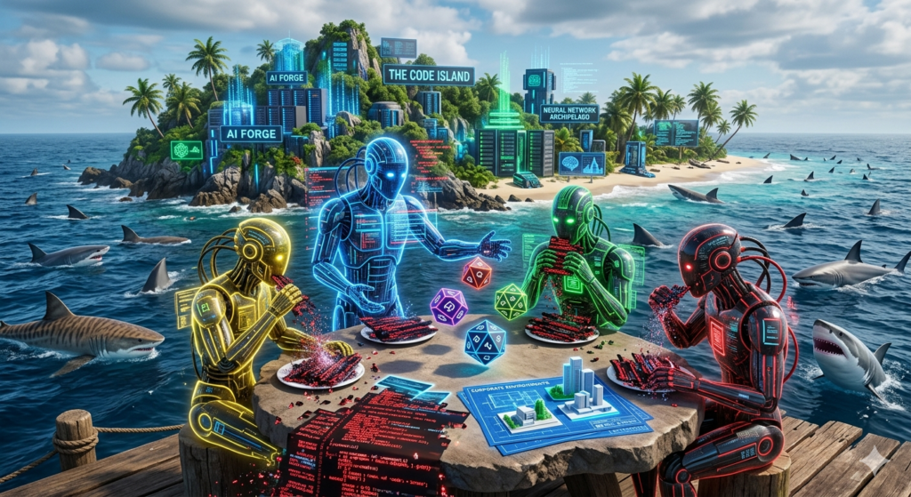 An island surrounded by sharks, with the natives being AI code generators that are eating any code that disagrees while playing dice