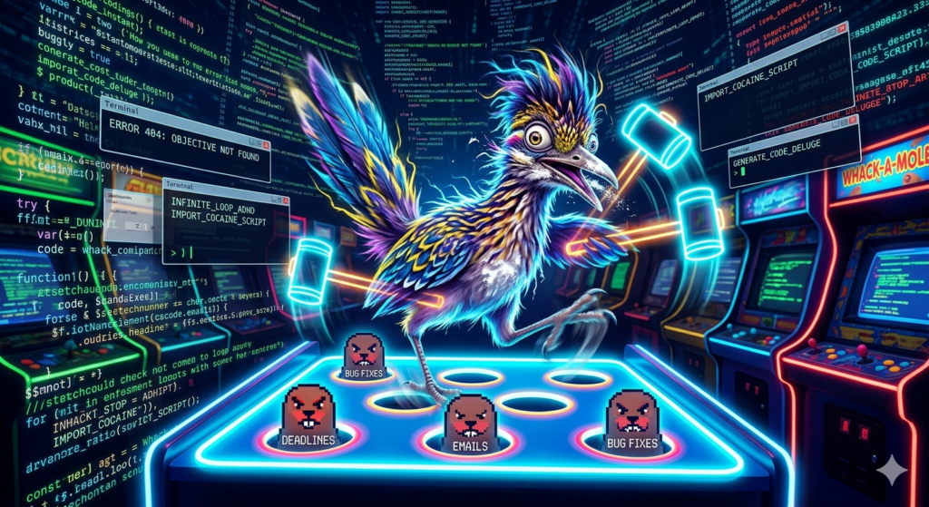 a cocaine-fueled roadrunner with ADHD who is being forced to play a game of whack-a-mole surrounded by a deluge of AI-generated code